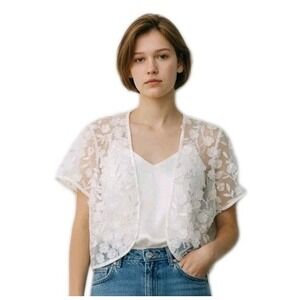 Eliza J Sheer Mesh Floral Short Sleeve Bolero Coverup Womens XL White NEW‎ NWT